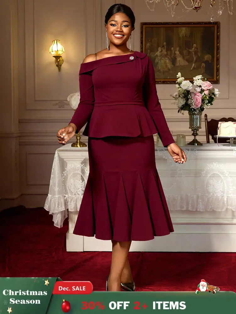 AOMEIDRESS Elegant Co-Ords for Christmas Wedding Slanted Shoulder Top Wine / S