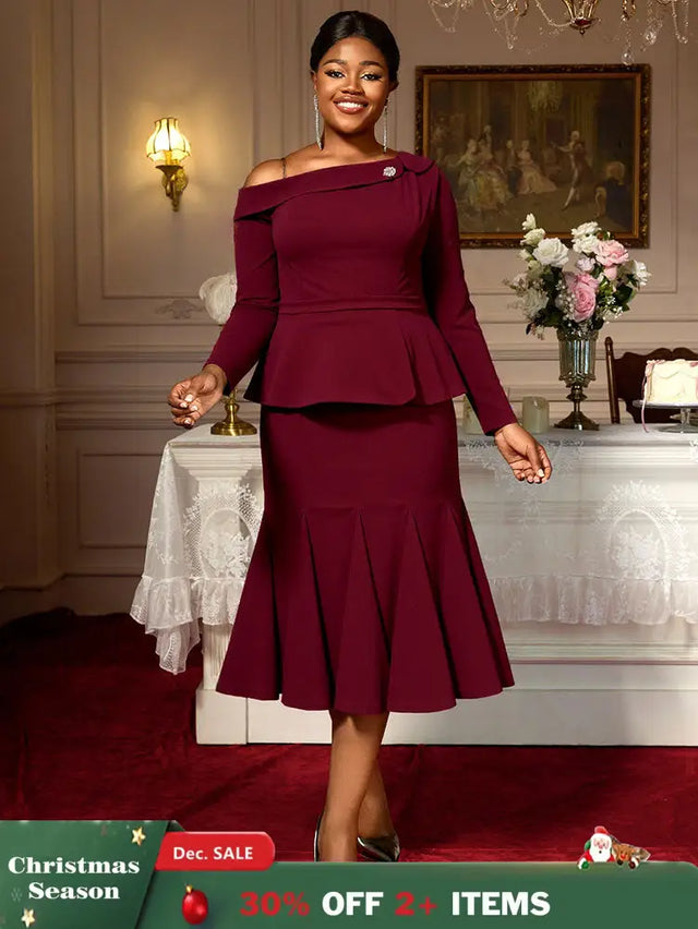 AOMEIDRESS Elegant Co-Ords for Christmas Wedding Slanted Shoulder Top Wine / S