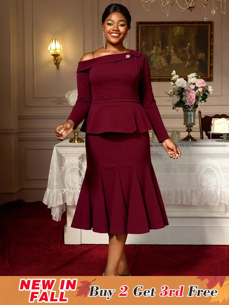 AOMEIDRESS Elegant Co-Ords for Christmas Wedding Slanted Shoulder Top Wine / S