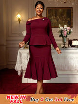 AOMEIDRESS Elegant Co-Ords for Christmas Wedding Slanted Shoulder Top Wine / S