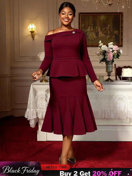 AOMEIDRESS Elegant Co-Ords for Christmas Wedding Slanted Shoulder Top Wine / S