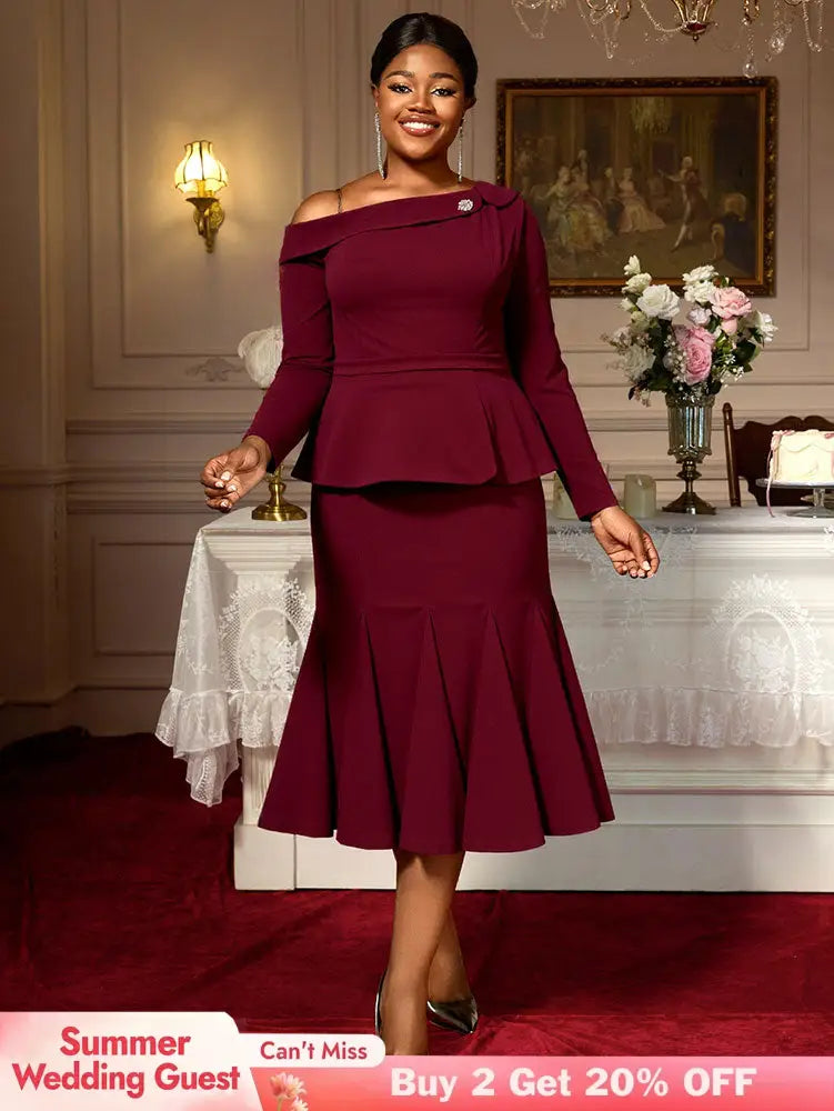 AOMEIDRESS Elegant Co-Ords for Christmas Wedding Slanted Shoulder Top Wine / S