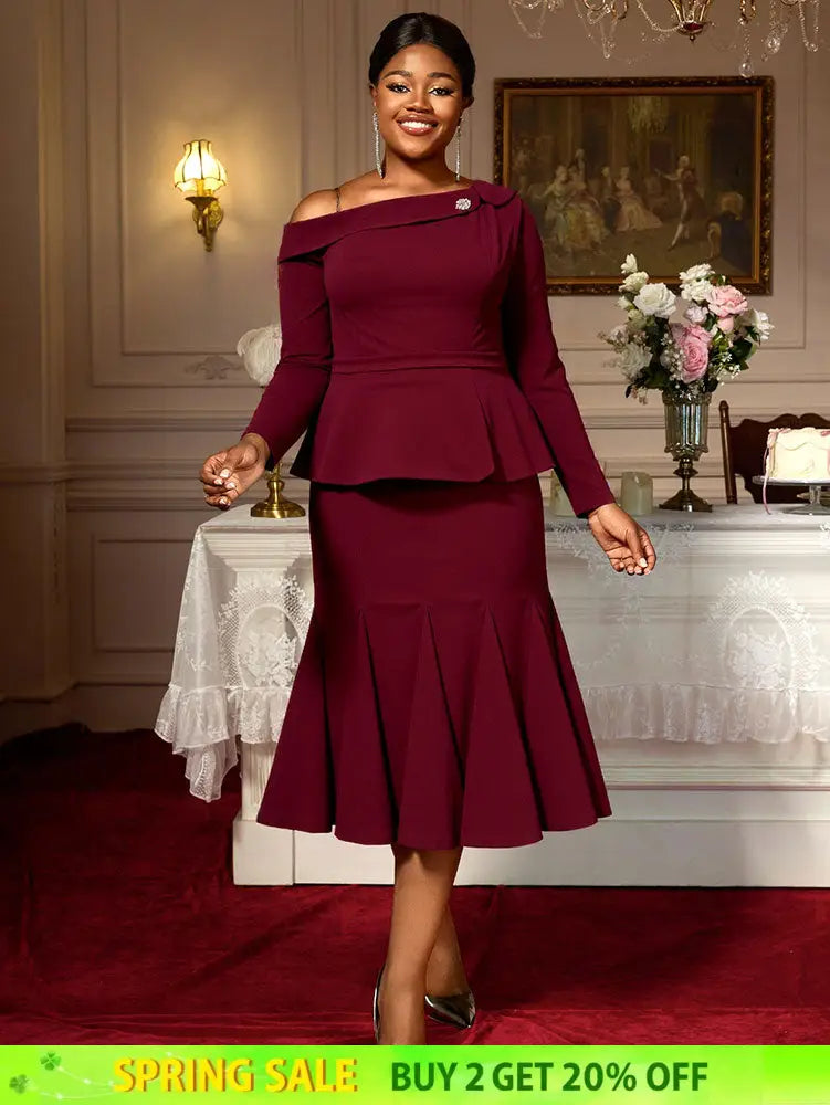 AOMEIDRESS Elegant Co-Ords for Christmas Wedding Slanted Shoulder Top Wine / S