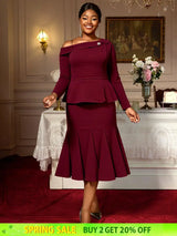 AOMEIDRESS Elegant Co-Ords for Christmas Wedding Slanted Shoulder Top Wine / S