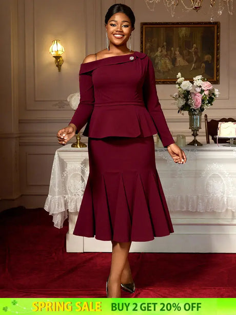 AOMEIDRESS Elegant Co-Ords for Christmas Wedding Slanted Shoulder Top Wine / S