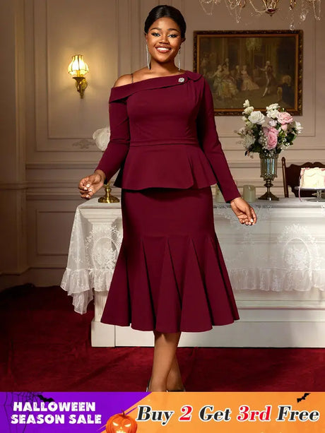 AOMEIDRESS Elegant Co-Ords for Christmas Wedding Slanted Shoulder Top Wine / S