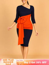 AOMEIDRESS Elegant Color Block Bow Long Sleeve Dress for Party Office NV / S