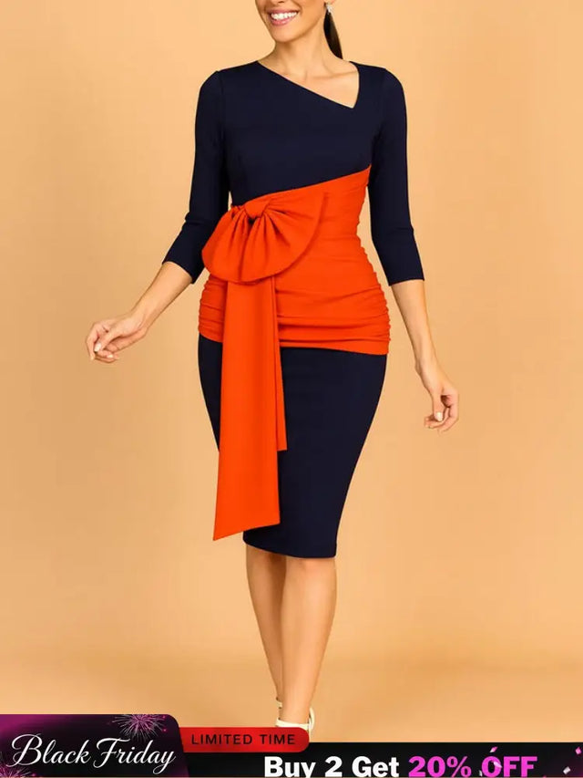 AOMEIDRESS Elegant Color Block Bow Long Sleeve Dress for Party Office NV / S