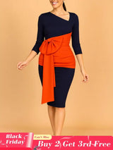 AOMEIDRESS Elegant Color Block Bow Long Sleeve Dress for Party Office NV / S