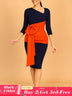 AOMEIDRESS Elegant Color Block Bow Long Sleeve Dress for Party Office NV / S