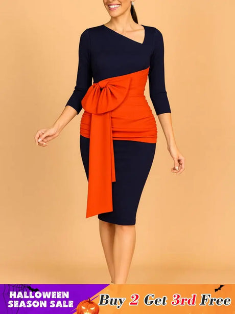 AOMEIDRESS Elegant Color Block Bow Long Sleeve Dress for Party Office NV / S
