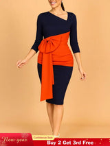 AOMEIDRESS Elegant Color Block Bow Long Sleeve Dress for Party Office NV / S