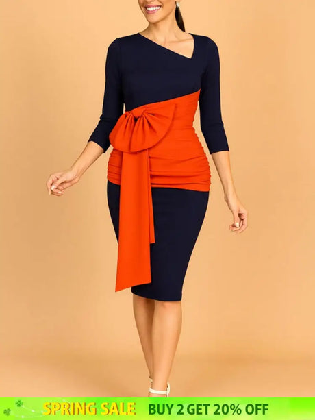 AOMEIDRESS Elegant Color Block Bow Long Sleeve Dress for Party Office NV / S