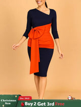 AOMEIDRESS Elegant Color Block Bow Long Sleeve Dress for Party Office NV / S