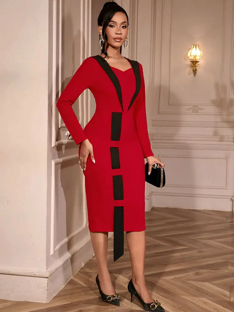 AOMEIDRESS Elegant Color Block Dress Long Sleeve Gowns Autumn New