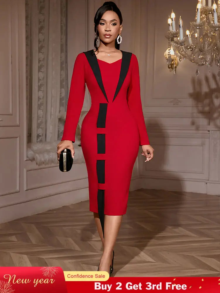 AOMEIDRESS Elegant Color Block Dress Long Sleeve Gowns Autumn New Red / S