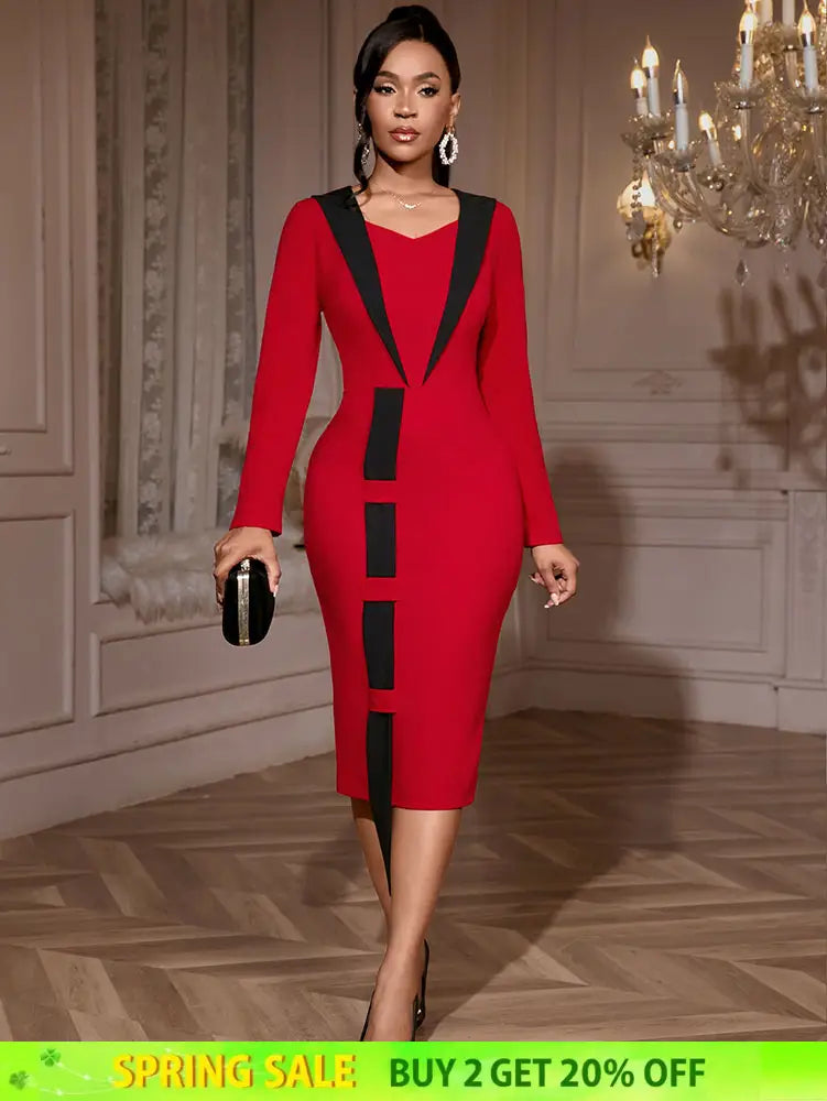 AOMEIDRESS Elegant Color Block Dress Long Sleeve Gowns Autumn New Red / S