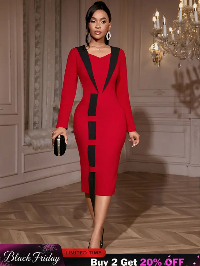 AOMEIDRESS Elegant Color Block Dress Long Sleeve Gowns Autumn New Red / S