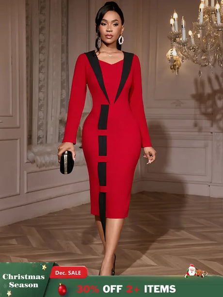 AOMEIDRESS Elegant Color Block Dress Long Sleeve Gowns Autumn New Red / S