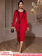 AOMEIDRESS Elegant Color Block Dress Long Sleeve Gowns Autumn New Red / S