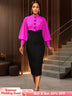 AOMEIDRESS Elegant Color Block Dress with Puff Sleeve For Party Office Rose / S