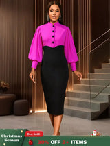 AOMEIDRESS Elegant Color Block Dress with Puff Sleeve For Party Office Rose / S