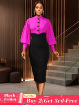 AOMEIDRESS Elegant Color Block Dress with Puff Sleeve For Party Office Rose / S