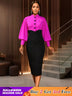 AOMEIDRESS Elegant Color Block Dress with Puff Sleeve For Party Office Rose / S