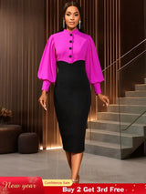 AOMEIDRESS Elegant Color Block Dress with Puff Sleeve For Party Office Rose / S