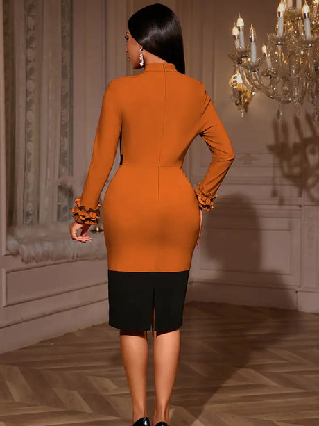 AOMEIDRESS Elegant Color Block Ruffle Cuffs Dress For Office Church