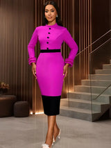 AOMEIDRESS Elegant Color Block Ruffle Cuffs Dress For Office Church