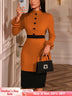 AOMEIDRESS Elegant Color Block Ruffle Cuffs Dress For Office Church - Brown / S
