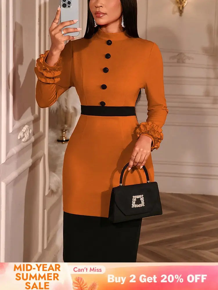 AOMEIDRESS Elegant Color Block Ruffle Cuffs Dress For Office Church - Brown / S