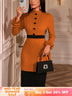 AOMEIDRESS Elegant Color Block Ruffle Cuffs Dress For Office Church - Brown / S