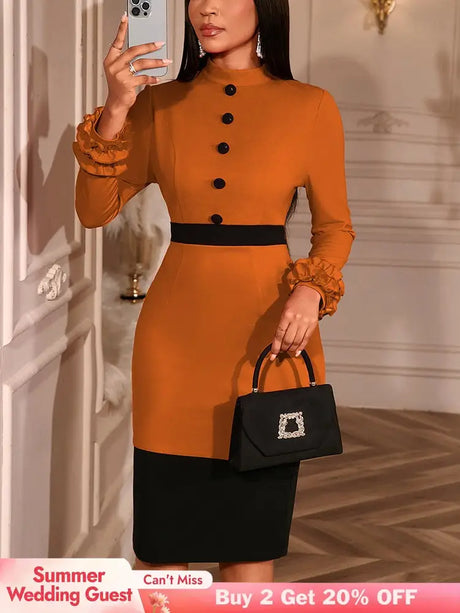 AOMEIDRESS Elegant Color Block Ruffle Cuffs Dress For Office Church - Brown / S