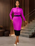 AOMEIDRESS Elegant Color Block Ruffle Cuffs Dress For Office Church Rose / S