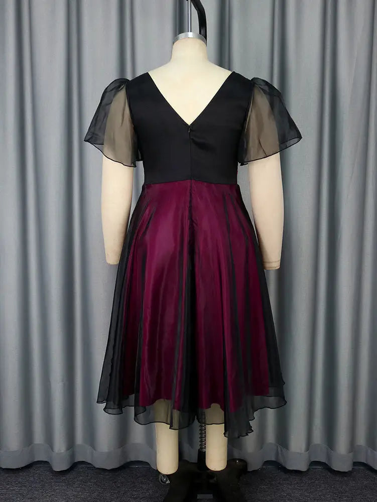AOMEIDRESS Elegant Colorblock A Line Party Dress V Neck Waist Belt