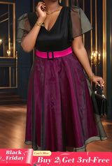 AOMEIDRESS Elegant Colorblock A Line Party Dress V Neck Waist Belt Black / S