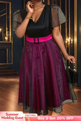 AOMEIDRESS Elegant Colorblock A Line Party Dress V Neck Waist Belt Black / S