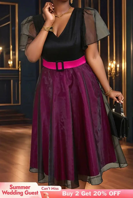 AOMEIDRESS Elegant Colorblock A Line Party Dress V Neck Waist Belt Black / S