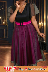 AOMEIDRESS Elegant Colorblock A Line Party Dress V Neck Waist Belt Black / S