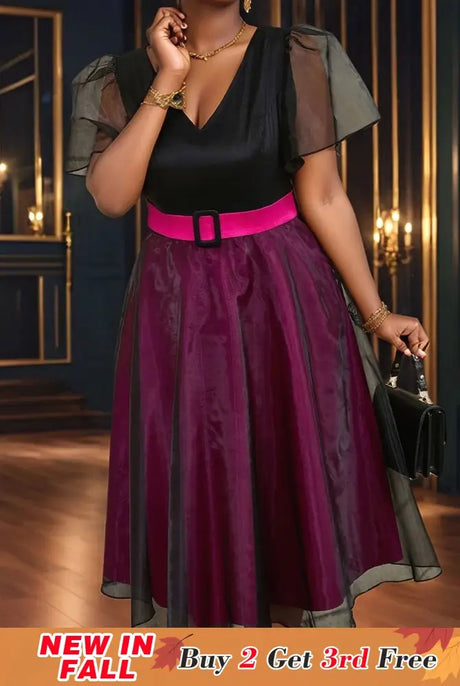 AOMEIDRESS Elegant Colorblock A Line Party Dress V Neck Waist Belt Black / S