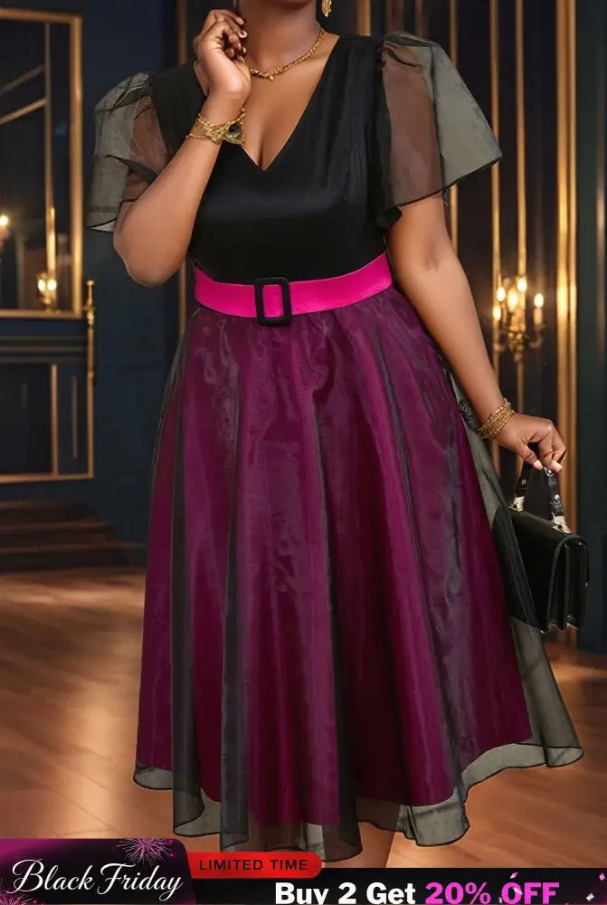AOMEIDRESS Elegant Colorblock A Line Party Dress V Neck Waist Belt Black / S
