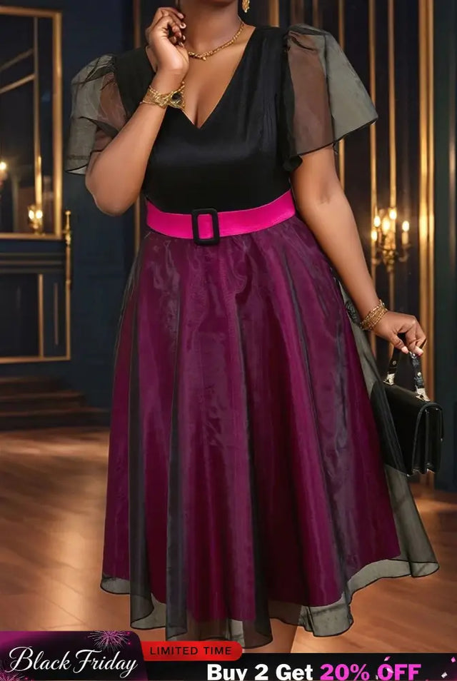 AOMEIDRESS Elegant Colorblock A Line Party Dress V Neck Waist Belt Black / S