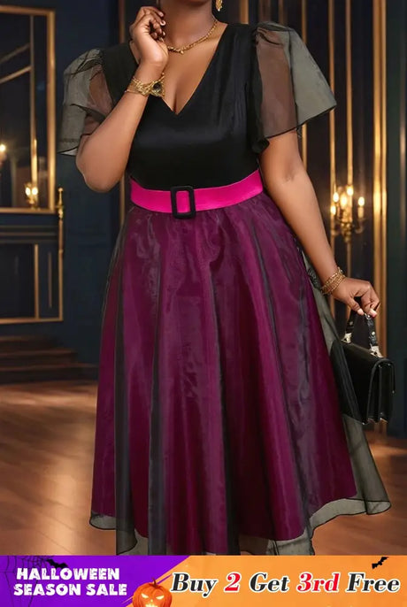 AOMEIDRESS Elegant Colorblock A Line Party Dress V Neck Waist Belt Black / S
