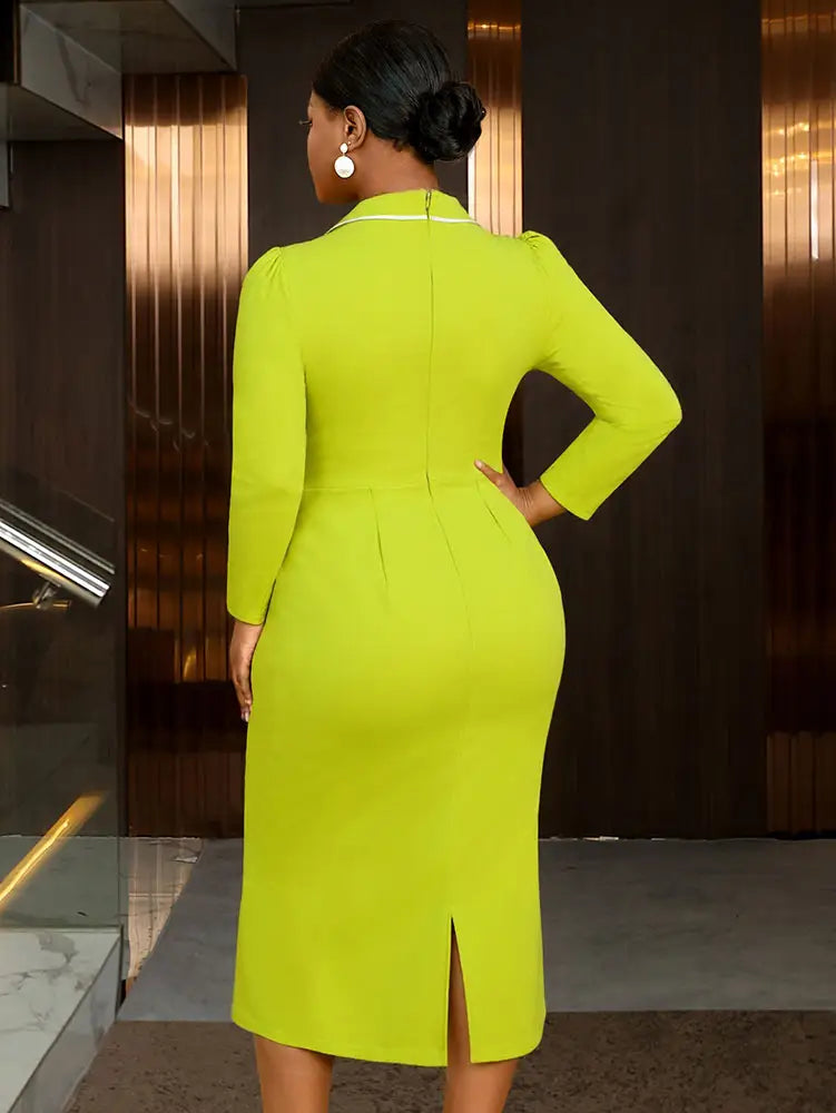 AOMEIDRESS Elegant Colorblock Bodycon Dress Long Sleeve Office Outfit