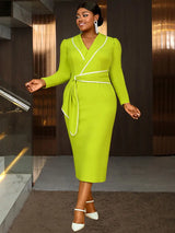 AOMEIDRESS Elegant Colorblock Bodycon Dress Long Sleeve Office Outfit