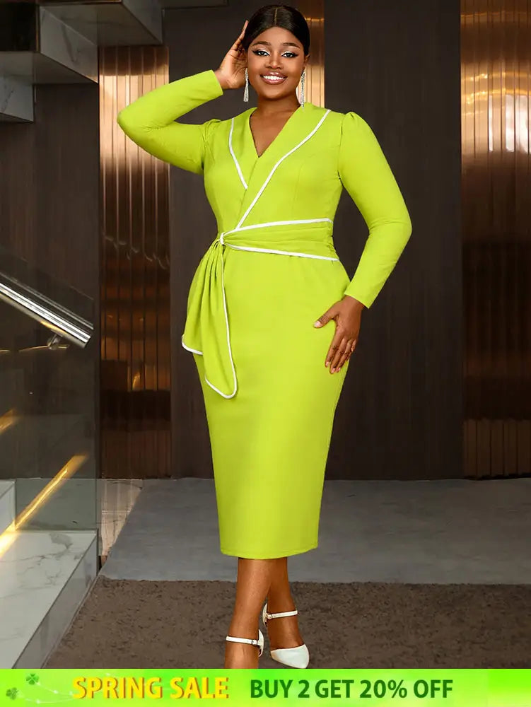 AOMEIDRESS Elegant Colorblock Bodycon Dress Long Sleeve Office Outfit MustardGreen / L