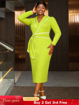 AOMEIDRESS Elegant Colorblock Bodycon Dress Long Sleeve Office Outfit MustardGreen / L