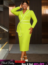 AOMEIDRESS Elegant Colorblock Bodycon Dress Long Sleeve Office Outfit MustardGreen / L